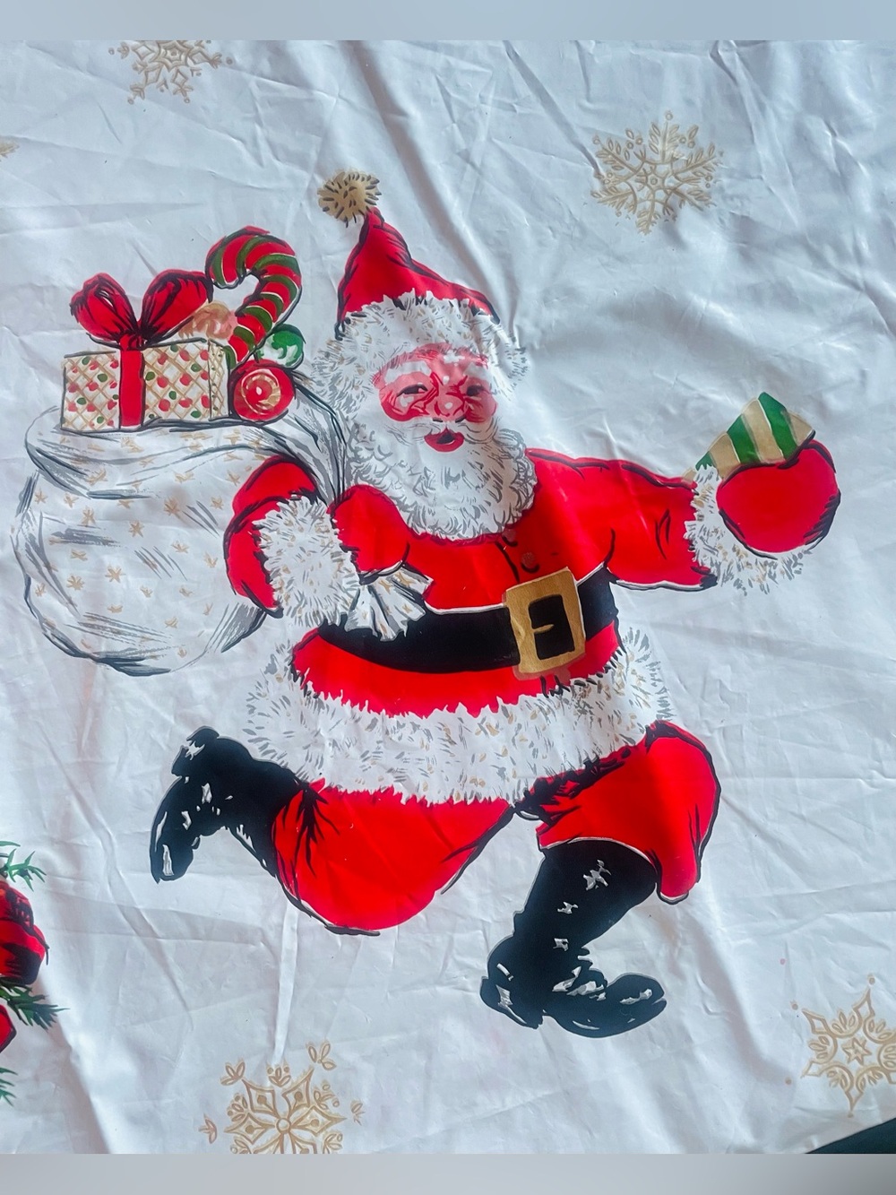 MCM Vintage Santa Claus Christmas Tablecloth Red Green Gold on White Vinyl 51x54
